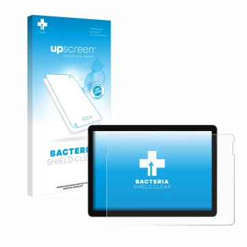 Vorderseite einer Produktverpackung mit dem Markenlogo upscreen. Daneben ist das Gerät Microsoft Surface Go 3 mit dem zugehöri