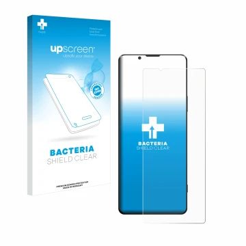 Vorderseite einer Produktverpackung mit dem Markenlogo upscreen. Daneben ist das Gerät Sony Xperia 1 III 5G mit dem zugehörige