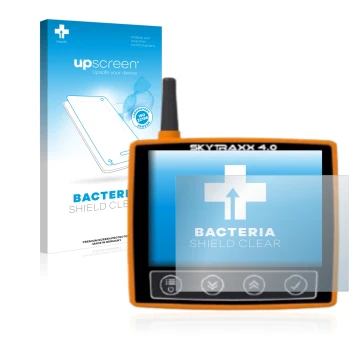 Vorderseite einer Produktverpackung mit dem Markenlogo upscreen. Daneben ist das Gerät Skytraxx 4.0 mit dem zugehörigen Displa