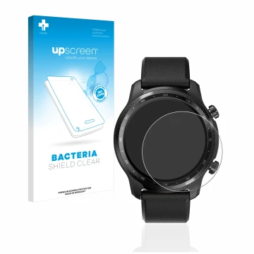Vorderseite einer Produktverpackung mit dem Markenlogo upscreen. Daneben ist das Gerät Mobvoi Ticwatch Pro 3 Ultra GPS mit dem