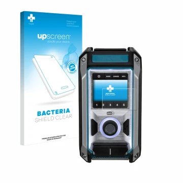 Vorderseite einer Produktverpackung mit dem Markenlogo upscreen. Daneben ist das Gerät Makita DMR115 mit dem zugehörigen Displ