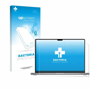 Vorderseite einer Produktverpackung mit dem Markenlogo upscreen. Daneben ist das Gerät Apple MacBook Pro 16