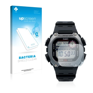 Vorderseite einer Produktverpackung mit dem Markenlogo upscreen. Daneben ist das Gerät Casio DW-291H mit dem zugehörigen Displ