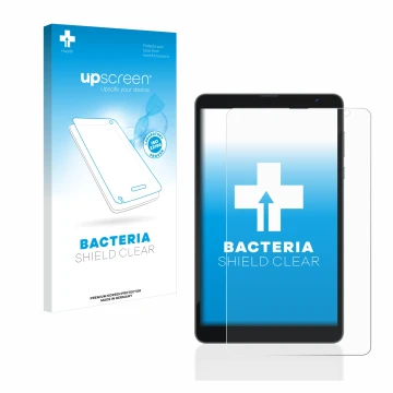 Vorderseite einer Produktverpackung mit dem Markenlogo upscreen. Daneben ist das Gerät Blackview Tab 6 mit dem zugehörigen Dis