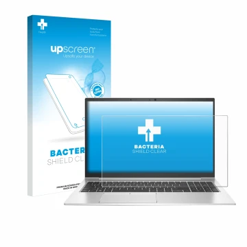 Vorderseite einer Produktverpackung mit dem Markenlogo upscreen. Daneben ist das Gerät HP EliteBook 850 G7 mit dem zugehörigen