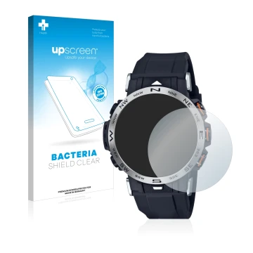 Vorderseite einer Produktverpackung mit dem Markenlogo upscreen. Daneben ist das Gerät Casio Pro Trek PRW-30-1AER mit dem zuge