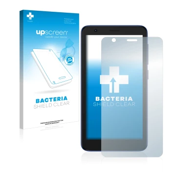 Vorderseite einer Produktverpackung mit dem Markenlogo upscreen. Daneben ist das Gerät ZTE Blade L9 mit dem zugehörigen Displa