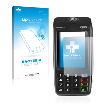 Vorderseite einer Produktverpackung mit dem Markenlogo upscreen. Daneben ist das Gerät ingenico Move 5000 mit dem zugehörigen 