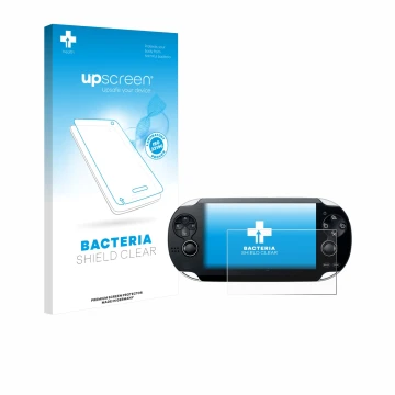 Vorderseite einer Produktverpackung mit dem Markenlogo upscreen. Daneben ist das Gerät Sony Playstation PS Vita mit dem zugehö