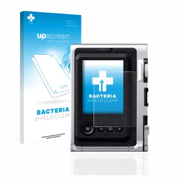Vorderseite einer Produktverpackung mit dem Markenlogo upscreen. Daneben ist das Gerät Fujifilm Instax Mini Evo mit dem zugehö