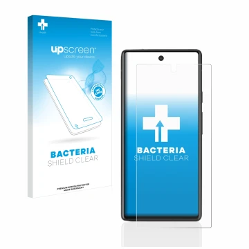 Vorderseite einer Produktverpackung mit dem Markenlogo upscreen. Daneben ist das Gerät Google Pixel 6a mit dem zugehörigen Dis