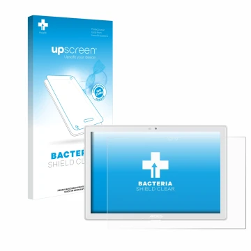 Vorderseite einer Produktverpackung mit dem Markenlogo upscreen. Daneben ist das Gerät Archos T101 4G mit dem zugehörigen Disp