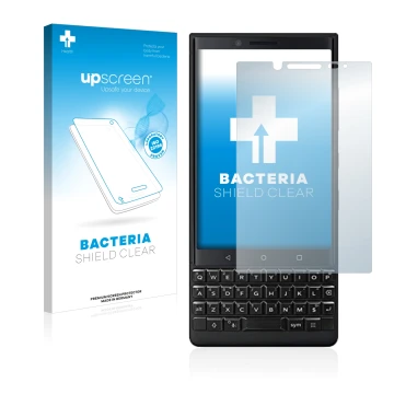 Vorderseite einer Produktverpackung mit dem Markenlogo upscreen. Daneben ist das Gerät BlackBerry Key2 (Dual Sim) mit dem zuge
