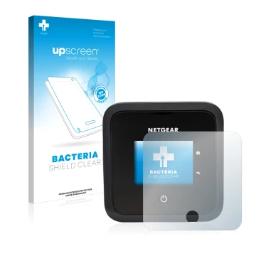 Vorderseite einer Produktverpackung mit dem Markenlogo upscreen. Daneben ist das Gerät Netgear Nighthawk M5 mit dem zugehörige