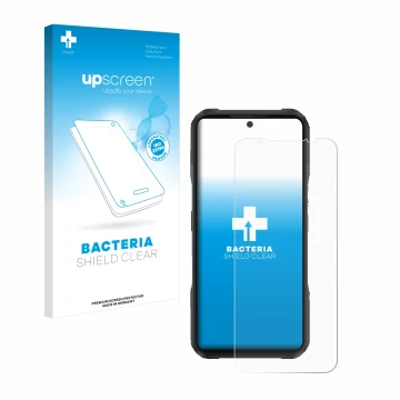 Vorderseite einer Produktverpackung mit dem Markenlogo upscreen. Daneben ist das Gerät Doogee V20 mit dem zugehörigen Displays