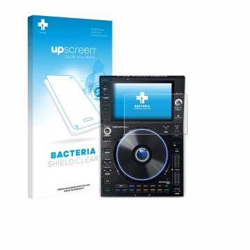 Vorderseite einer Produktverpackung mit dem Markenlogo upscreen. Daneben ist das Gerät Denon DJ SC6000 Prime mit dem zugehörig