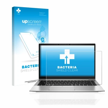 Vorderseite einer Produktverpackung mit dem Markenlogo upscreen. Daneben ist das Gerät HP EliteBook 840 G8 mit dem zugehörigen