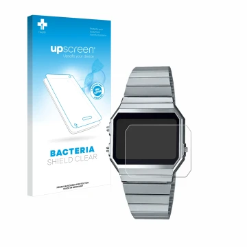 Vorderseite einer Produktverpackung mit dem Markenlogo upscreen. Daneben ist das Gerät Casio A700WE mit dem zugehörigen Displa