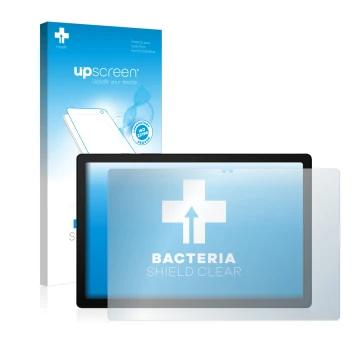 Vorderseite einer Produktverpackung mit dem Markenlogo upscreen. Daneben ist das Gerät Samsung Galaxy Tab A8 LTE mit dem zugeh