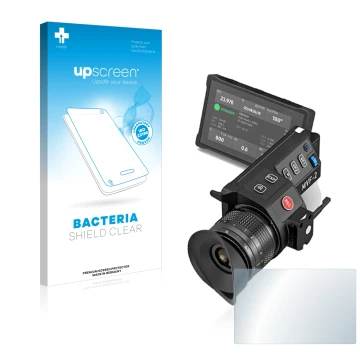Vorderseite einer Produktverpackung mit dem Markenlogo upscreen. Daneben ist das Gerät Arri MVF-2 mit dem zugehörigen Displays