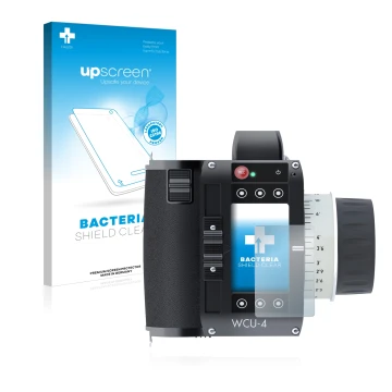 Vorderseite einer Produktverpackung mit dem Markenlogo upscreen. Daneben ist das Gerät Arri WCU-4 mit dem zugehörigen Displays