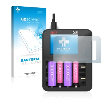 Vorderseite einer Produktverpackung mit dem Markenlogo upscreen. Daneben ist das Gerät ISDT C4 Evo mit dem zugehörigen Display