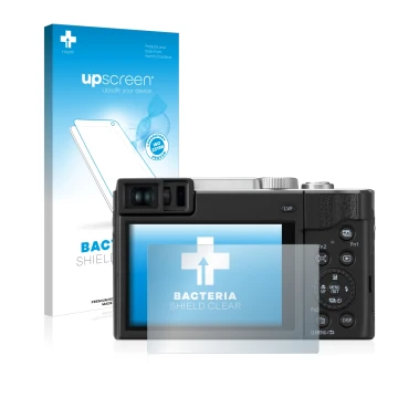 Vorderseite einer Produktverpackung mit dem Markenlogo upscreen. Daneben ist das Gerät Panasonic Lumix DC-TZ95 mit dem zugehör