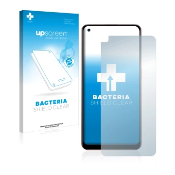 Vorderseite einer Produktverpackung mit dem Markenlogo upscreen. Daneben ist das Gerät Oppo A96 mit dem zugehörigen Displaysch