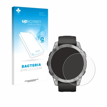 Vorderseite einer Produktverpackung mit dem Markenlogo upscreen. Daneben ist das Gerät Garmin Fenix 7 (47 mm) mit dem zugehöri