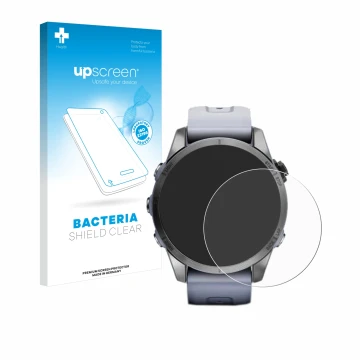 Vorderseite einer Produktverpackung mit dem Markenlogo upscreen. Daneben ist das Gerät Garmin Fenix 7S (42 mm) mit dem zugehör