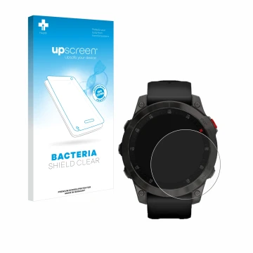 Vorderseite einer Produktverpackung mit dem Markenlogo upscreen. Daneben ist das Gerät Garmin epix (Gen. 2) mit dem zugehörige