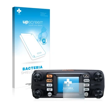 Vorderseite einer Produktverpackung mit dem Markenlogo upscreen. Daneben ist das Gerät Yaesu FTM-300DE mit dem zugehörigen Dis