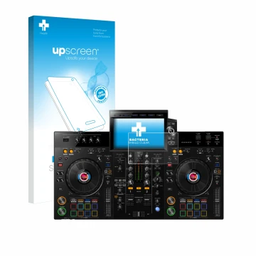 Vorderseite einer Produktverpackung mit dem Markenlogo upscreen. Daneben ist das Gerät Pioneer XDJ-RX3 mit dem zugehörigen Dis