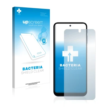 Vorderseite einer Produktverpackung mit dem Markenlogo upscreen. Daneben ist das Gerät Motorola Moto G41 mit dem zugehörigen D