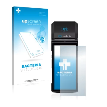 Vorderseite einer Produktverpackung mit dem Markenlogo upscreen. Daneben ist das Gerät Ready2order ReadyGo mit dem zugehörigen