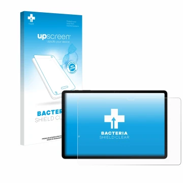 Vorderseite einer Produktverpackung mit dem Markenlogo upscreen. Daneben ist das Gerät Samsung Galaxy Tab S8 Plus WiFi mit dem