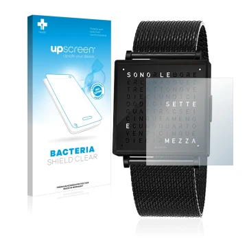 Vorderseite einer Produktverpackung mit dem Markenlogo upscreen. Daneben ist das Gerät Qlocktwo W35 mit dem zugehörigen Displa