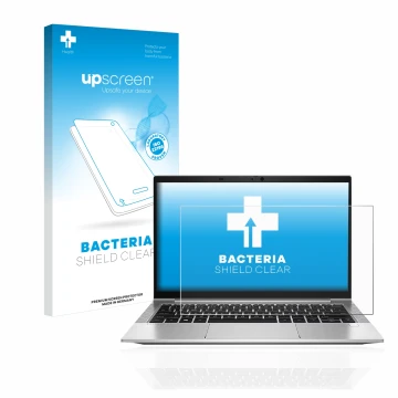 Vorderseite einer Produktverpackung mit dem Markenlogo upscreen. Daneben ist das Gerät HP EliteBook 830 G8 mit dem zugehörigen