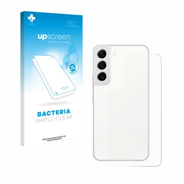 Vorderseite einer Produktverpackung mit dem Markenlogo upscreen. Daneben ist das Gerät Samsung Galaxy S22 5G (Rückseite) mit d