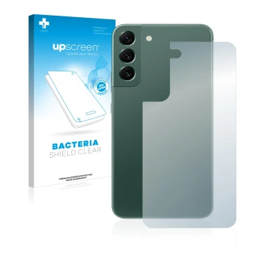 Vorderseite einer Produktverpackung mit dem Markenlogo upscreen. Daneben ist das Gerät Samsung Galaxy S22 Plus 5G (Rückseite) 
