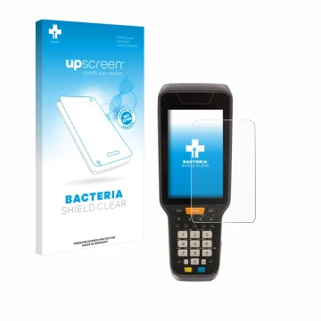 Vorderseite einer Produktverpackung mit dem Markenlogo upscreen. Daneben ist das Gerät Datalogic Skorpio X5 mit dem zugehörige