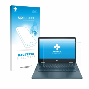 Vorderseite einer Produktverpackung mit dem Markenlogo upscreen. Daneben ist das Gerät HP Chromebook x360 (14b-cbX) mit dem zu