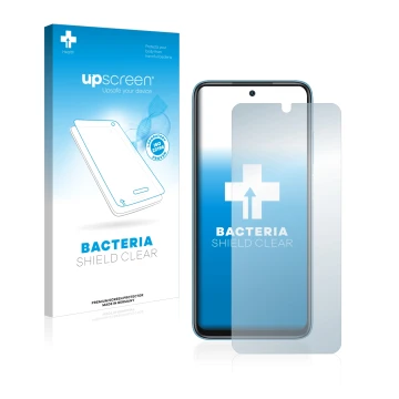 Vorderseite einer Produktverpackung mit dem Markenlogo upscreen. Daneben ist das Gerät Xiaomi Redmi 10 (2022) mit dem zugehöri