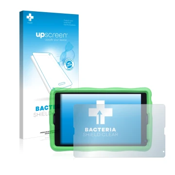 Vorderseite einer Produktverpackung mit dem Markenlogo upscreen. Daneben ist das Gerät MEDION Lifetab E10440 Kids mit dem zuge