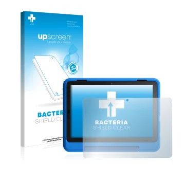 Vorderseite einer Produktverpackung mit dem Markenlogo upscreen. Daneben ist das Gerät Amazon Fire HD 8 Kids Pro Edition 2021 