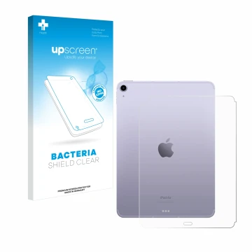 Vorderseite einer Produktverpackung mit dem Markenlogo upscreen. Daneben ist das Gerät Apple iPad Air 5 WiFi 2022 (Rückseite, 