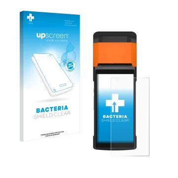 Vorderseite einer Produktverpackung mit dem Markenlogo upscreen. Daneben ist das Gerät Sunmi V2s mit dem zugehörigen Displaysc