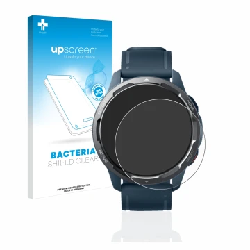 Vorderseite einer Produktverpackung mit dem Markenlogo upscreen. Daneben ist das Gerät Xiaomi Watch S1 Active mit dem zugehöri
