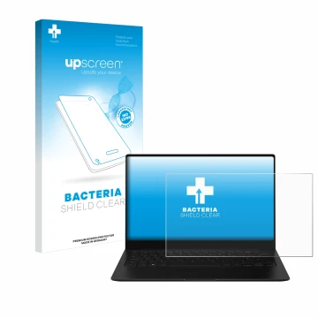 Vorderseite einer Produktverpackung mit dem Markenlogo upscreen. Daneben ist das Gerät Samsung Galaxy Book2 Pro 13.3