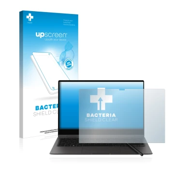 Vorderseite einer Produktverpackung mit dem Markenlogo upscreen. Daneben ist das Gerät Samsung Galaxy Book2 Pro 360 13.3